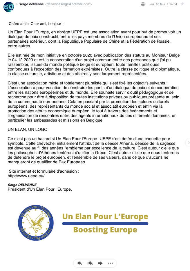 Communiqué. Un Elan Pour l|Europe, en abrégé UEPE. Boosting Europe. 2021-02-18